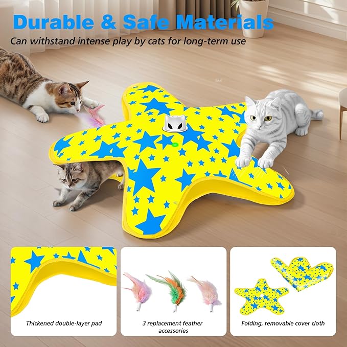 Rechargeable Interactive Cat Toys, Automatic Cat Toy for Indoor Cats, Durable Hide and Seek Cat Toy with Moving Concealed Feathers, Touch Activated Kitten Toys Cat Exercise Toys, Yellow Blue Cover