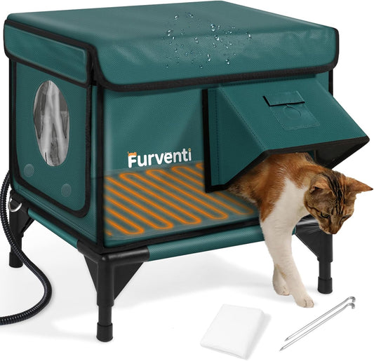 Heated Cat House for Outside,Dual Camera Mounts,100% Weatherproof & Extremely Insulated,Elevated Feral Cat Shelter with Escape Door,Waterproof Eaves for Outdoor Stray Barn Cat(Dark Green,S)