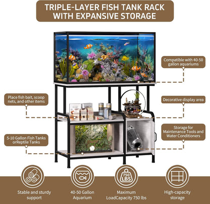 40-50 Gallon Fish Tank Stand，750 lbs Capacity Aquarium Stand，Heavy-Duty 3-Level Reptile Stand with Built-in Storage，36.8×15.7×31.5" Steel Terrarium Stand (Greige)