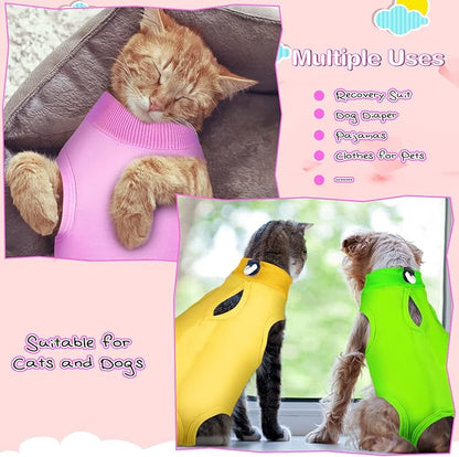 Nuanchu 3 Pieces Cat Recovery Suit Kitten Recovery Suit E-Collar Alternative for Cats and Dogs Abdominal Skin Anti Licking Pajama Clothes Sets(Large,Simple Style,Yellow Green Pink)