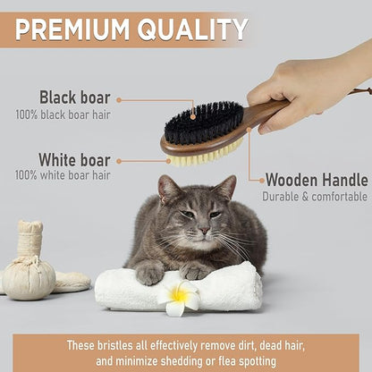 Takavu Double-Sided Boar Bristle Cat Brush - Natural Grooming Tool for Gentle Cleaning, Shine & Reduced Loose Hair - Wood Handle Pet Brush