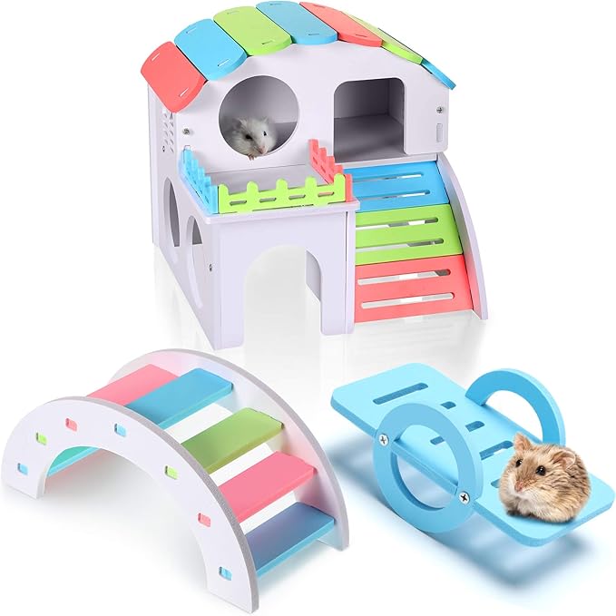 Skylety 3 Pieces Fun Hamster Toys Guinea Pig Hideout Include PVC Hamster House, Rainbow Bridge, Seesaw Toy DIY Exercise Play Toys for Rats Mouse Small Animals (Large, Rainbow Color)