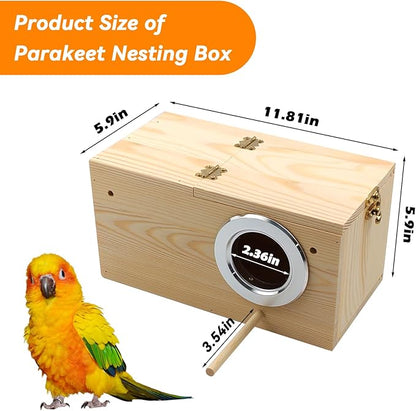 PINVNBY Nesting Box for Birds,Wooden Parakeet Nest Box with Detachable Board Transparent Visual Cockatiel House for Budgie Lovebird Conure Parrot (XL)