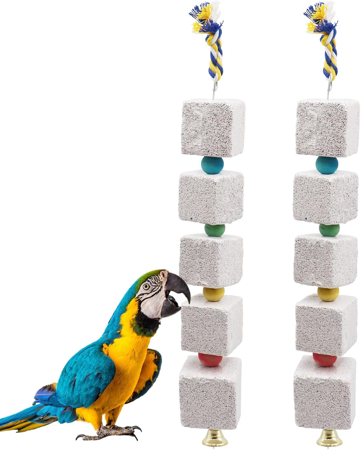 2 Pack Large Bird Chewing Toy, Parrot Beak Grinding Calcium Stone with Bells, Bird Cage Accessories, Cage Toys for Cockatiel Parakeet Parrot Budgies Rat Hamster Chinchilla Rabbit Bunny African Grey