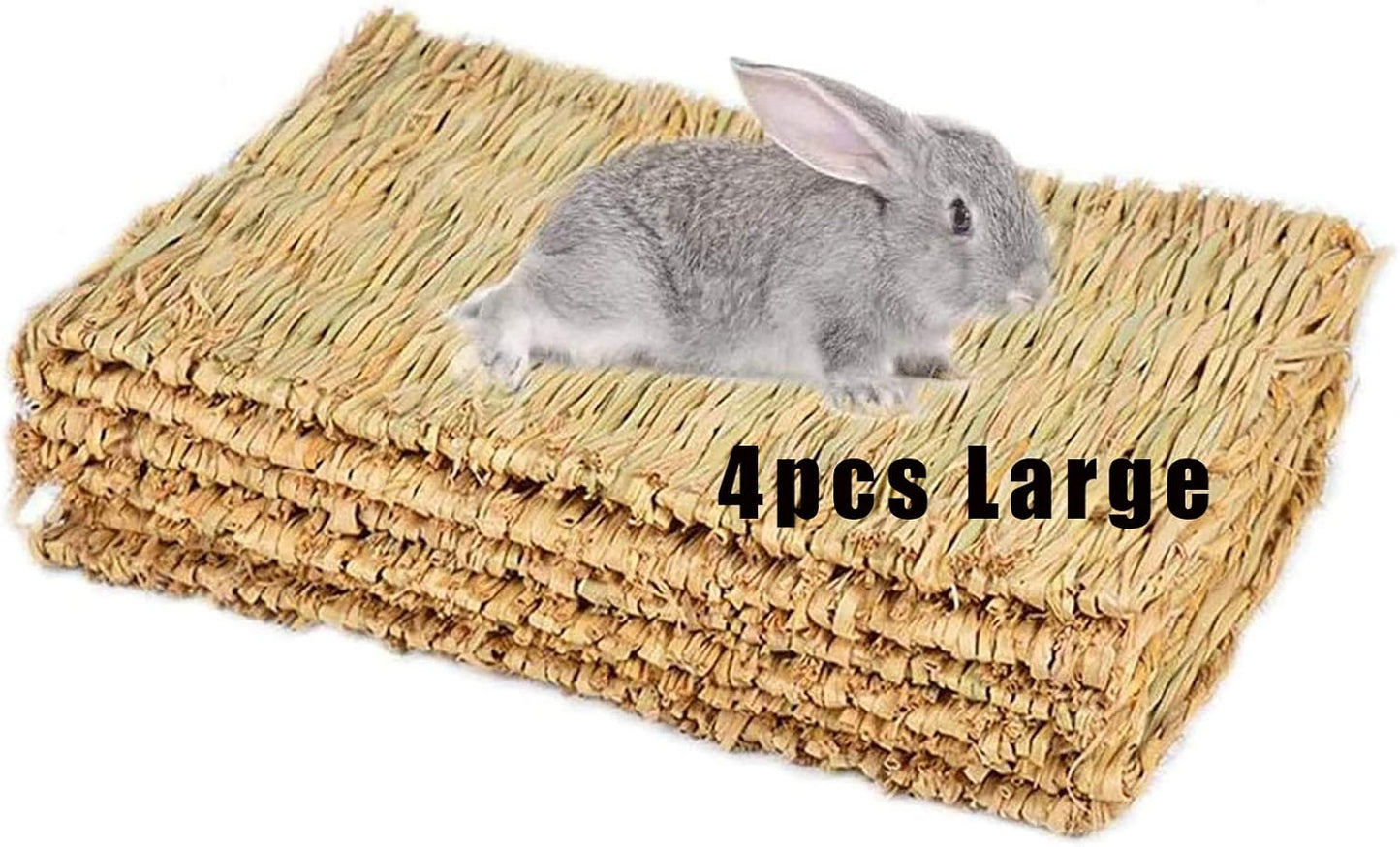 Hamiledyi Grass Mat Woven Bed Mat for Small Animal 4PCS Large Bunny Bedding Nest Chew Toy Bed Play Toy for Guinea Pig Parrot Rabbit Bunny Hamster Rat