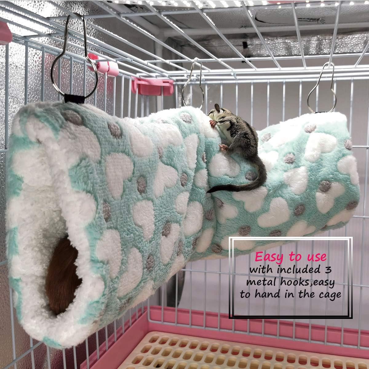 LEFTSTARER Guinea Pig Ferret Rat Hammock Toy Small Animal Cage Accessories Hideout Tunnel & Bunkbed Hammock for Rat Ferret Guinea Pig Hamster Sugar Glider Chinchilla (Hammock Set Heart-Green)