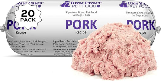 Raw Paws Signature Blend Pet Food for Dogs & Cats - Pork Recipe, 1-lb Rolls (20 Pack) - Fresh Raw Food Made in USA - Natural Dog Food Roll - Frozen Raw Pork Dog Food Log Diet