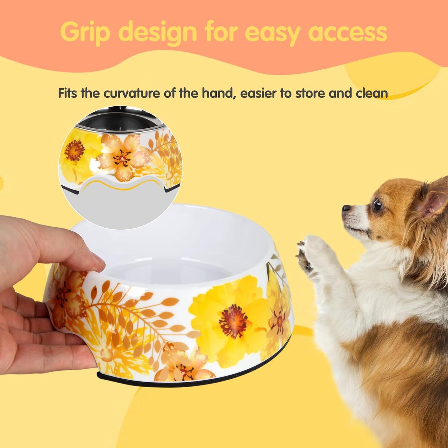 Pet Cats Dogs 2 in 1 Food Water Bowls - Non Slip Skid Proof Heavy Duty Pet Cats Dog Food Water Bowls for Feeding Drinking Small Medium Large Dogs Cats Puppies (Yellow Flower, S:7OZ)