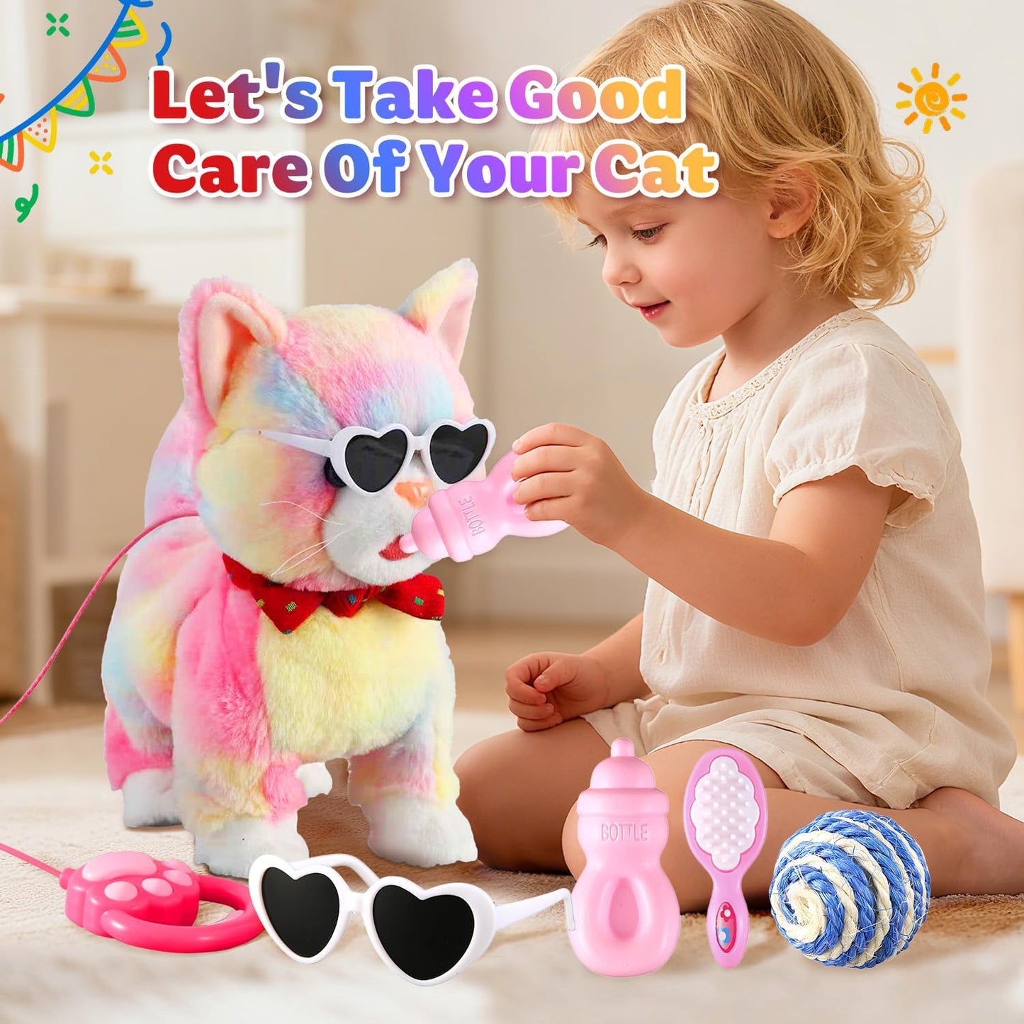 Colorful Leash Walking Cat Set Interactive Talking Cat Singing Dancing Kitten Mimicking Repeat What You Say Kitty Touch and Voice Control Nodding Wagging Tail Plush Electric Kitty for Kid Gril