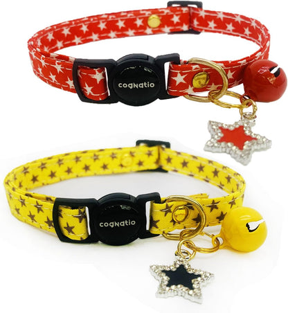 2 Pack Cotton Breakaway cat Collars with Bell,Safety Quick Release Pendant Cute Kitten Collar,Adjustable 20-30cm (Red+Lemon, 20-30cm)