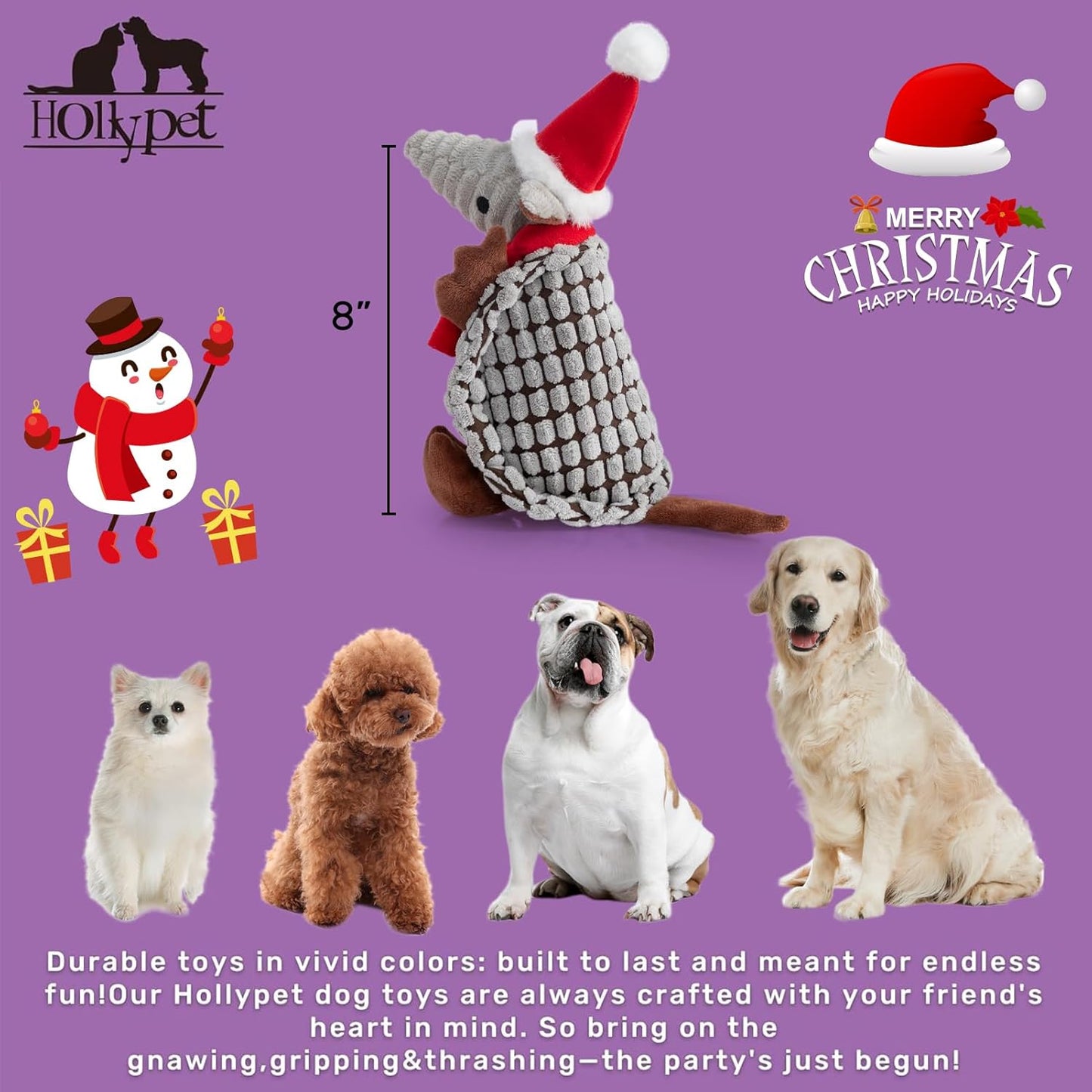 Hollypet Plush Dog Squeaky Toy Stuffed Armadillo Animal Pet Puppy Chew Toys with Clean Teeth for Small Medium Large All Breed Sizes Dogs, Christmas Gray, 8 in