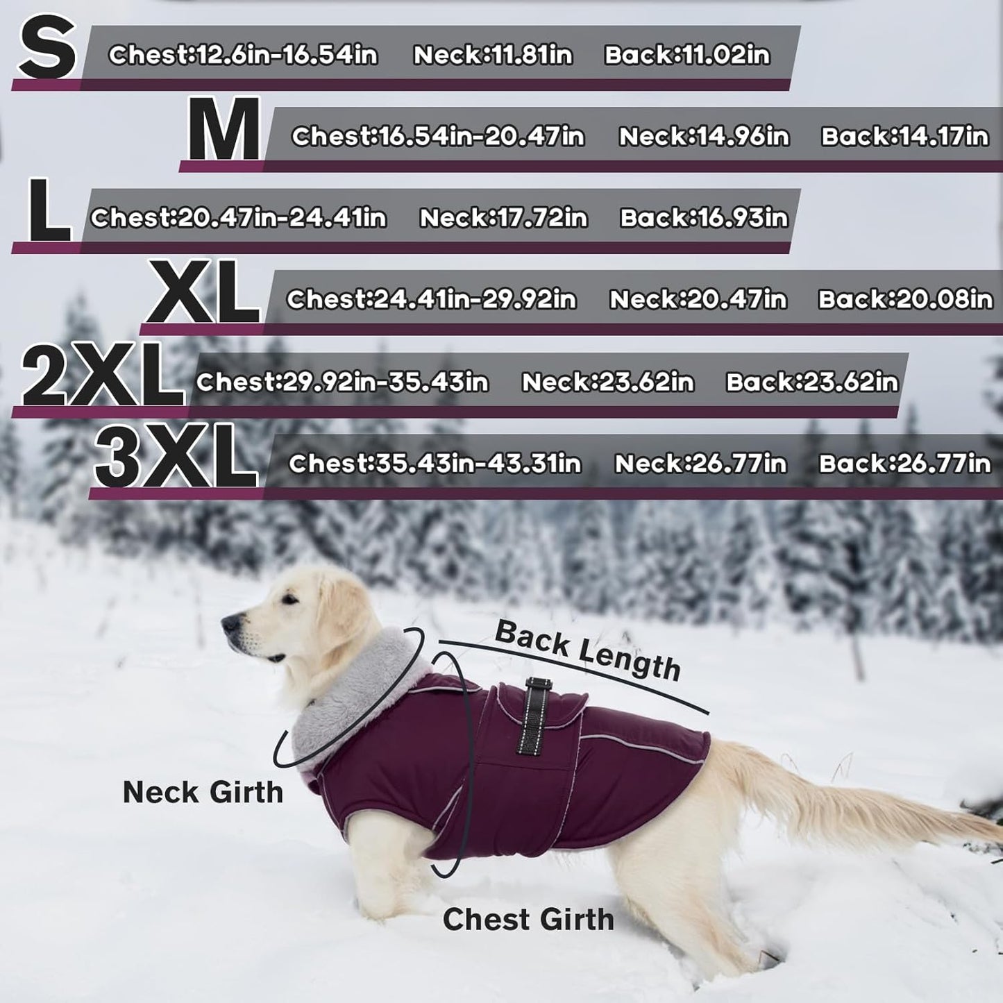 Lelepet Warm Dog Coat Waterproof Dog Jacket for Medium Dogs Reflective Fleece Vest with Adjustable Buckle Hook & Loop Windproof Cold Weather Coats for Small Medium Large Dogs, Dark Purple, M