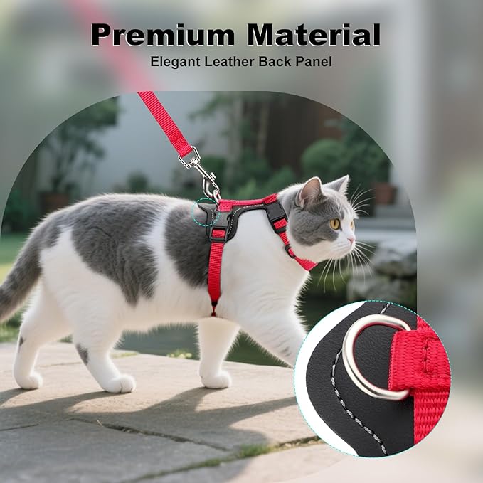 Plutus Pet Adjustable Cat Harness and Leash Set, Quick Release, Escape Proof Nylon Vest with Leather Trim for Kitten, Small Medium Large Cats, Red