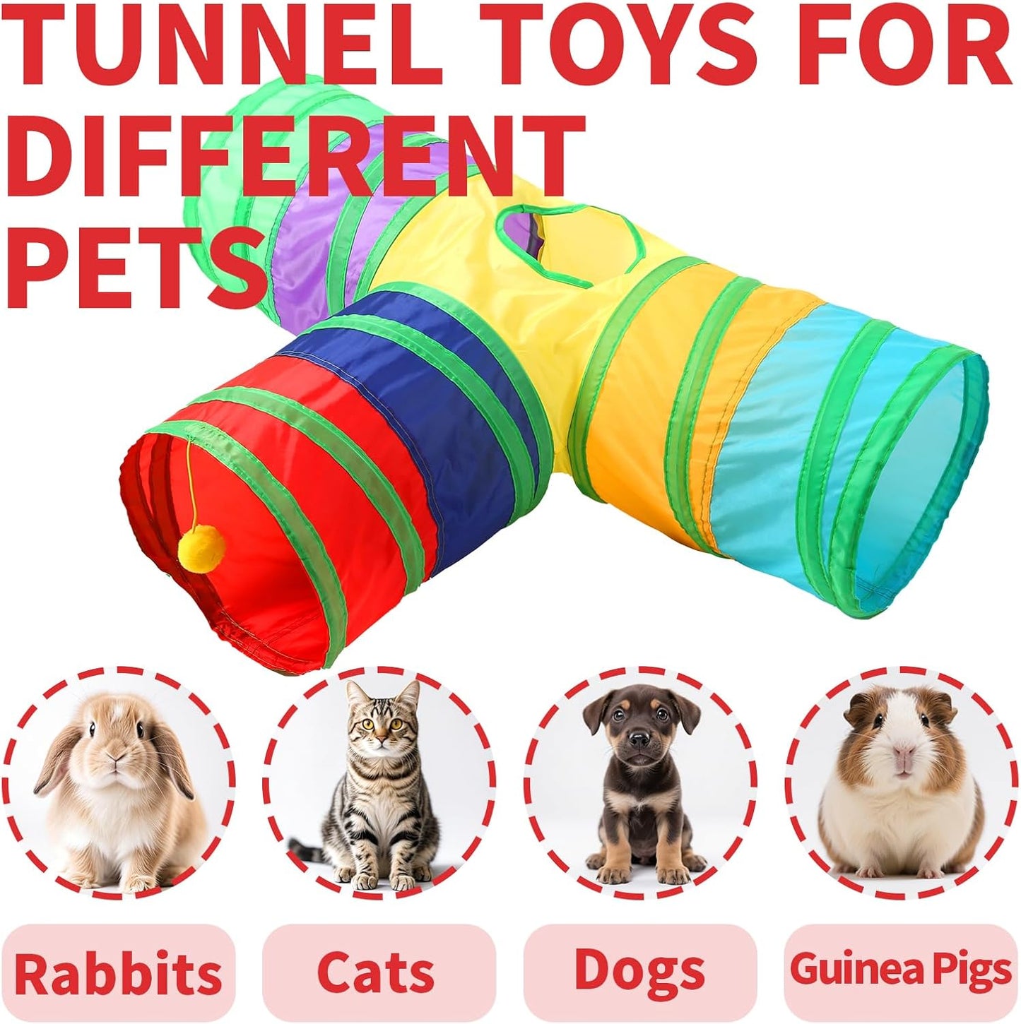 Pet Cat Tunnel, T-3 Way Tunnels for Indoor Cats, Collapsible Pet Tunnel for Kitten, Puppy, Rabbit, 25cm-Wide Tunnels, Durable & Breathable, with Peek Hole Toy Ball