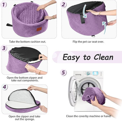 Dog Car Seat for Small Dogs Up to 30 Lbs,Ultra Soft Fabric Fill in Comfy Memory Foam,Happy Pet Ride,2 Safety Dog Leashes,Fully Detachable and Washable,Anti Slip Base(Purple)