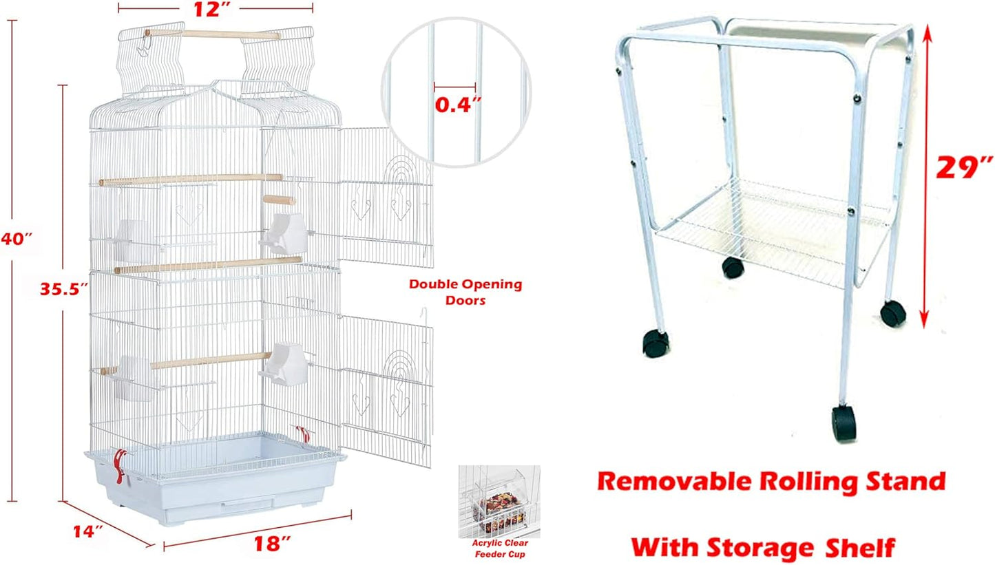 65-Inch Large Flight Bird Cage with Toys and 10-Step Play Ladder for Cockatiel Parakeet Finch Budgie Lovebird Canary Finch Pet Bird Cage with Rolling Stand (White with Toy)