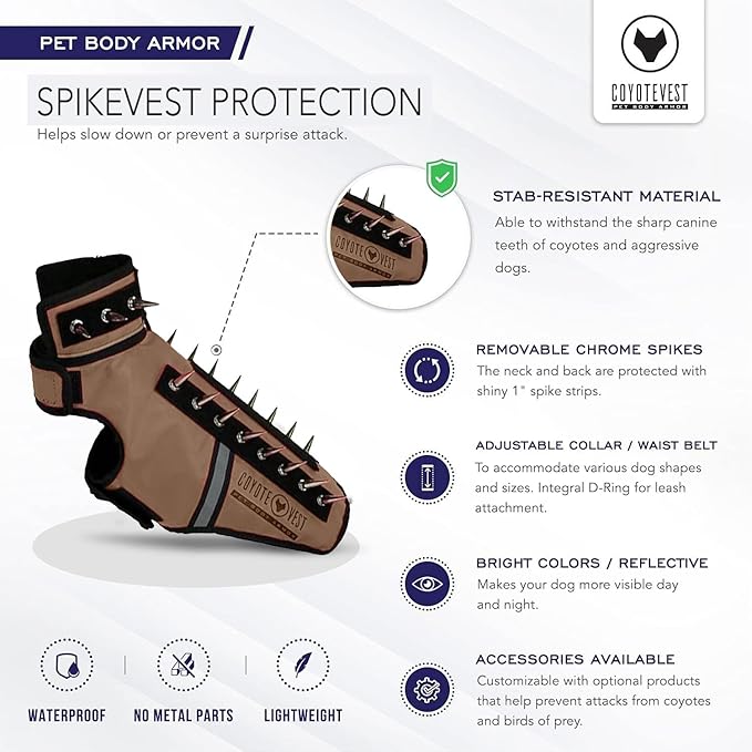 CoyoteVest SpikeVest Dog Harness Vest for Small Dogs, Reflective Dog Vest with Spikes to Shield Your pet from Coyotes, Raptor and Animal Attacks, Anti Hawk Vest, Made in USA (XXS-Texas Tan)