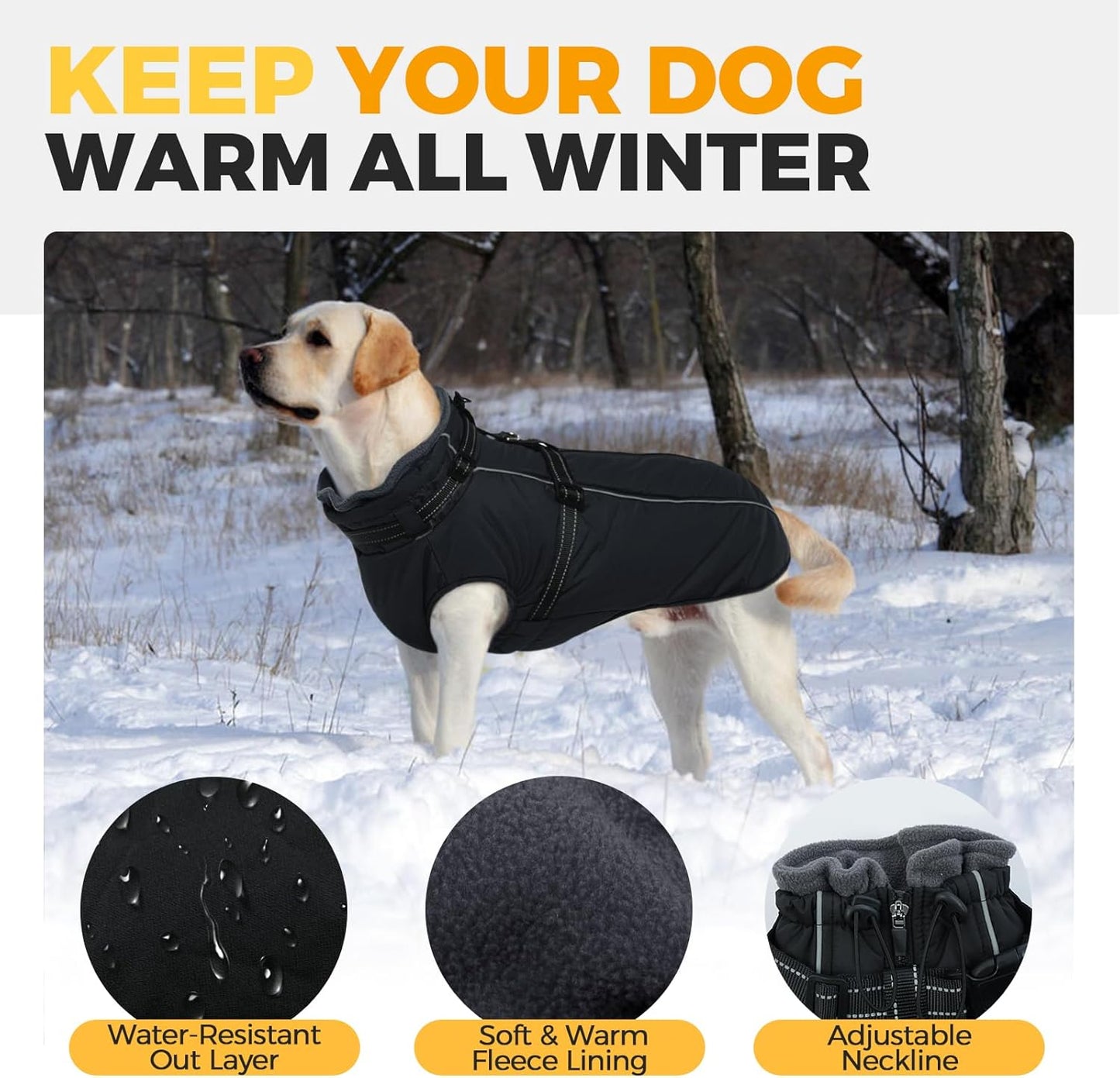 Lelepet Dog Coat for Large Dogs Waterproof Dog Jacket with Harness Built in Reflective Fleece Jacket with Zip Warm Winter Coats for Dogs Cold Weather Thermal Pet Snowsuit, Border Collie, Black, XL