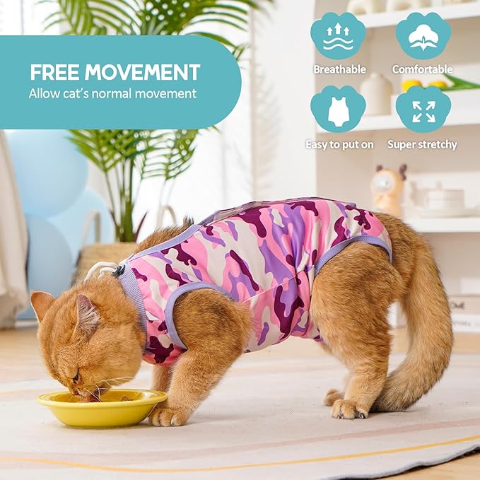 Avont Cat Recovery Suit - Kitten Onesie for Cats After Surgery, Cone of Shame Alternative Surgical Spay Suit for Female Cat, Post-Surgery or Skin Diseases Protection -Purplecamo(M+)