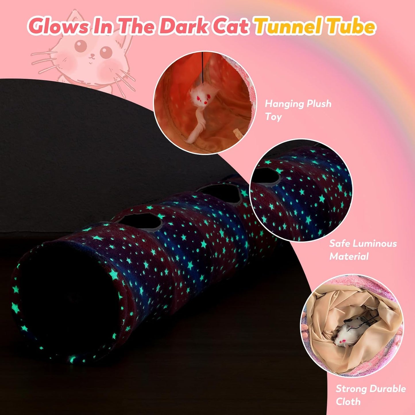 Cat Tunnels for Indoor Cats with Plush Toys Collapsible Glows in The Dark Dog Cat Tunnel Tube Toys Photoluminescent for Indoor Cats Small Dogs Puppy Kitten Rabbit Bunny Ferret Pet Rainbow