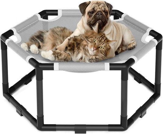 Tresbro Elevated Cat Hammock Bed, Hexagon Raised Cat Swing Bed for Indoor and Outdoor Use with Breathable Fabric & Anti-Slip Block, 23.6'' x 10.6'' x 12'' Pet Chair for Large to Small Kitty Cot