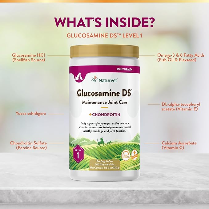 NaturVet – Glucosamine DS - Level 1 Maintenance Care | Preventative Care to Maintain Healthy Cartilage & Joint Function | Enhanced with Glucosamine & Chondroitin | for Dogs & Cats (240 Tablets)