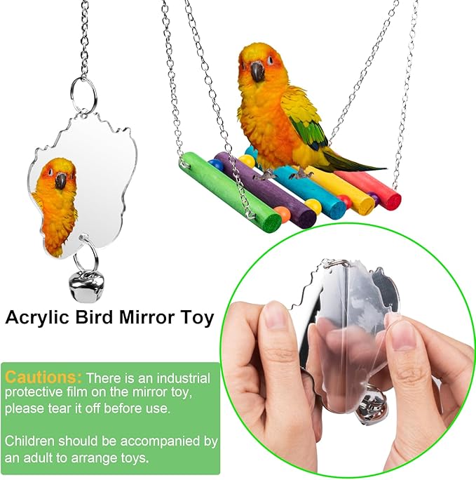Bird Toys for Parakeets 7Pcs, Wood Parrots Budgie Cage Accessories, Bird Perch Swings for Small Conure Cockatiel Toys, Bird Ladder Swing for Parakeets Climbing 18''