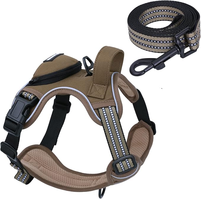 No Pull Dog Harness for Large Dogs, Adjustable No Choke Pet Vest with Dog Leash Fit Smart Reflective Pet Walking Harness for Training Easy Control Soft Handle Brown XL
