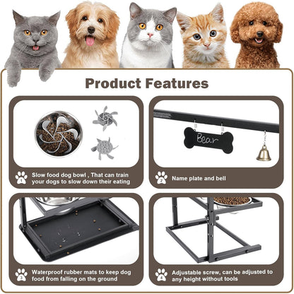 SHAINFUN Elevated Dog Bowls - Slow Feeder, Raised Stand with Two 1700ML Stainless Steel Bowls, Spill Proof Mat for Large & Medium Dogs