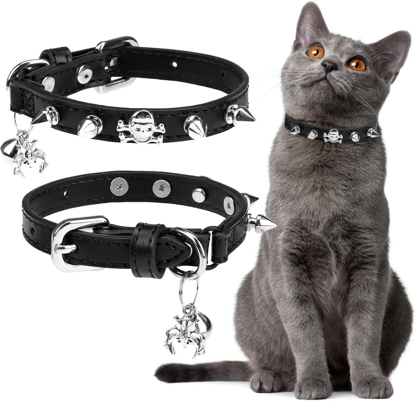 EXPAWLORER Leather Cat Collar for Girl Boy- Adjustable Pet Collar with Safety Elastic Belt,Personalized Punk Accessories Buckle Collars with Bell & Durable D-Ring,Rivet(Black)