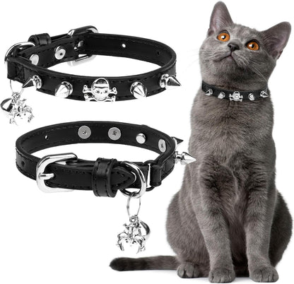 EXPAWLORER Leather Cat Collar for Girl Boy- Adjustable Pet Collar with Safety Elastic Belt,Personalized Punk Accessories Buckle Collars with Bell & Durable D-Ring,Rivet(Black)