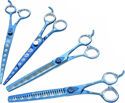 Professional Dog Grooming Scissors Set of Straight, Curved, Thinner/Blender and Chunker Shears with Paw Prints for Dogs, Cats & Pets (Right Handed, Blue, Stainless Steel 8 Inch)