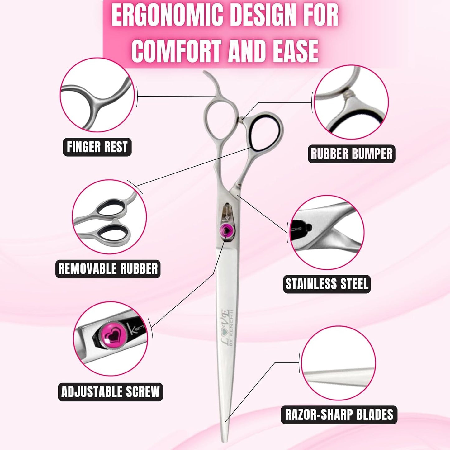 Kenchii Love Dog Grooming Scissors, 9 Inch Straight Shears, Dog Scissors for Grooming, Professional Pet Grooming Scissors, Heavy Duty, Durable and Sharp