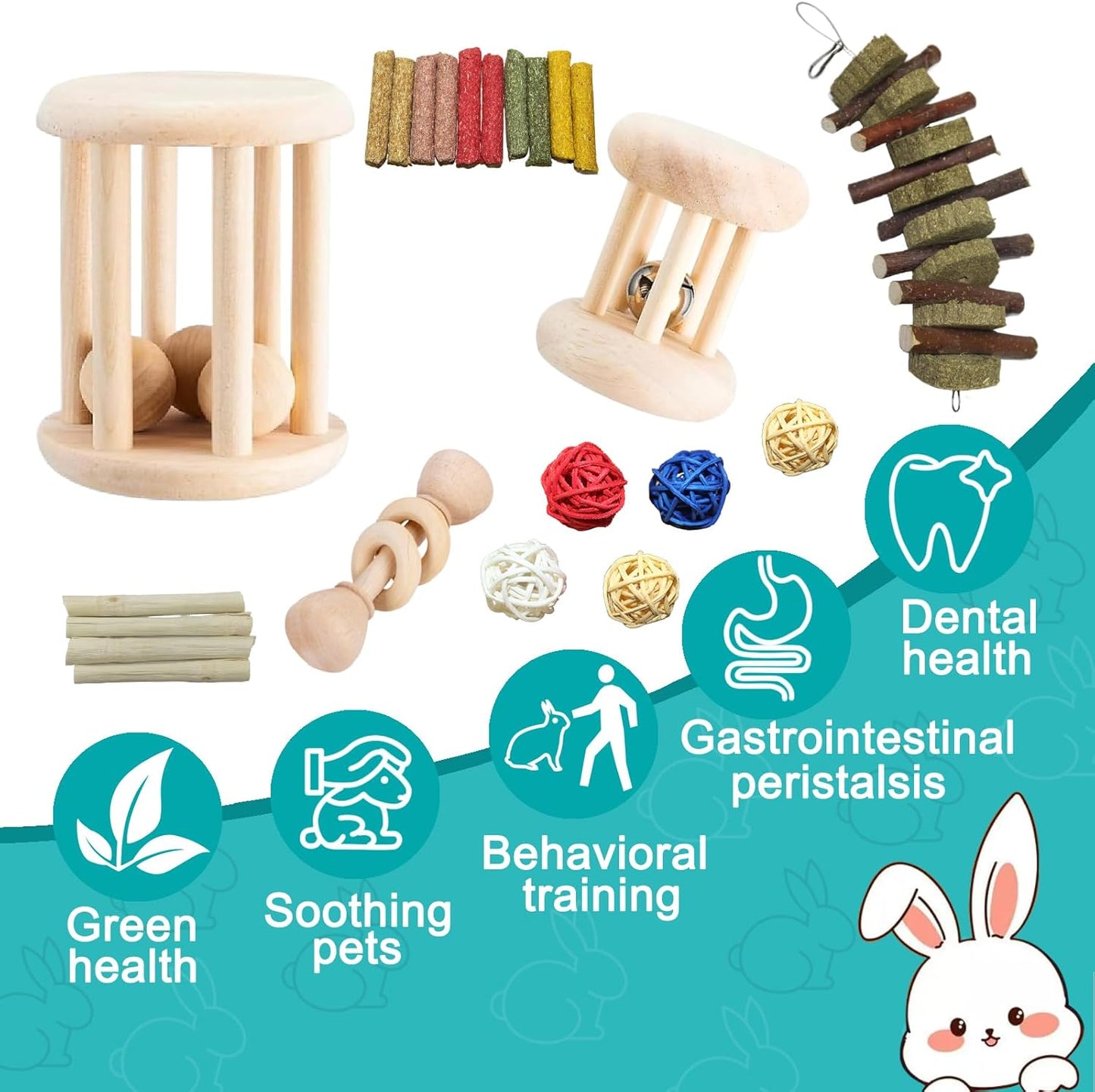 QWR 23 PCS Natural Wooden Rabbit Toys,Safe Bunny Chew Toys for Teeth,Grass Timothy Sticks,Sweet Bamboo,Guinea Pigs Teeth Grinding Toys for Chinchillas, Hamsters & Small Animals - Indoor & Outdoor