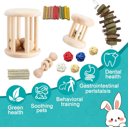 QWR 23 PCS Natural Wooden Rabbit Toys,Safe Bunny Chew Toys for Teeth,Grass Timothy Sticks,Sweet Bamboo,Guinea Pigs Teeth Grinding Toys for Chinchillas, Hamsters & Small Animals - Indoor & Outdoor