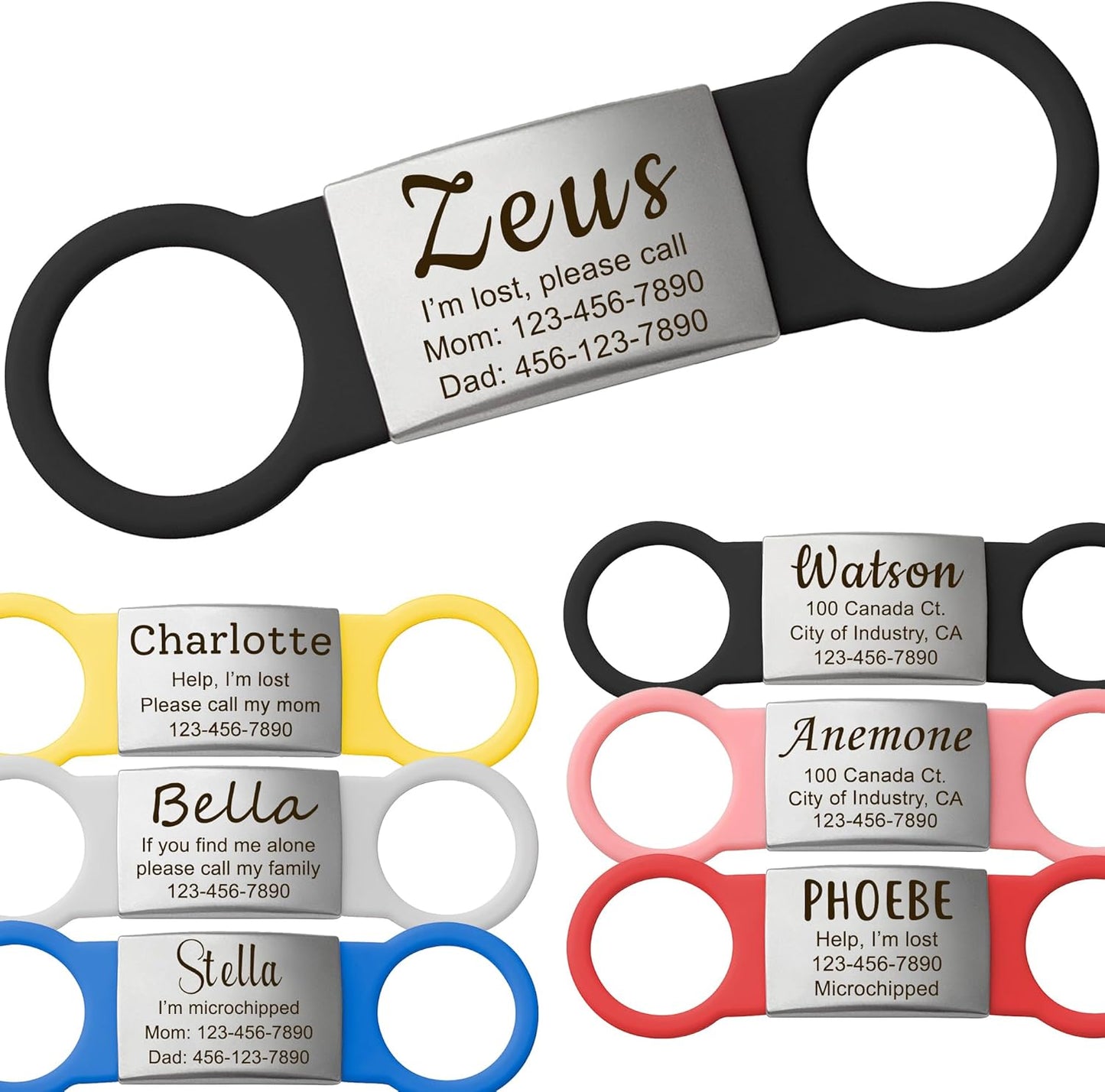 Anavia Slide On Silent Pet ID Tags, S/M/L/XL Personalized Multi-Color Silicone Band Cat Dog Name Tags, Customized Engraved Stainless Steel, Chew-Proof Quiet Dog Collar Tags (Large, Black)