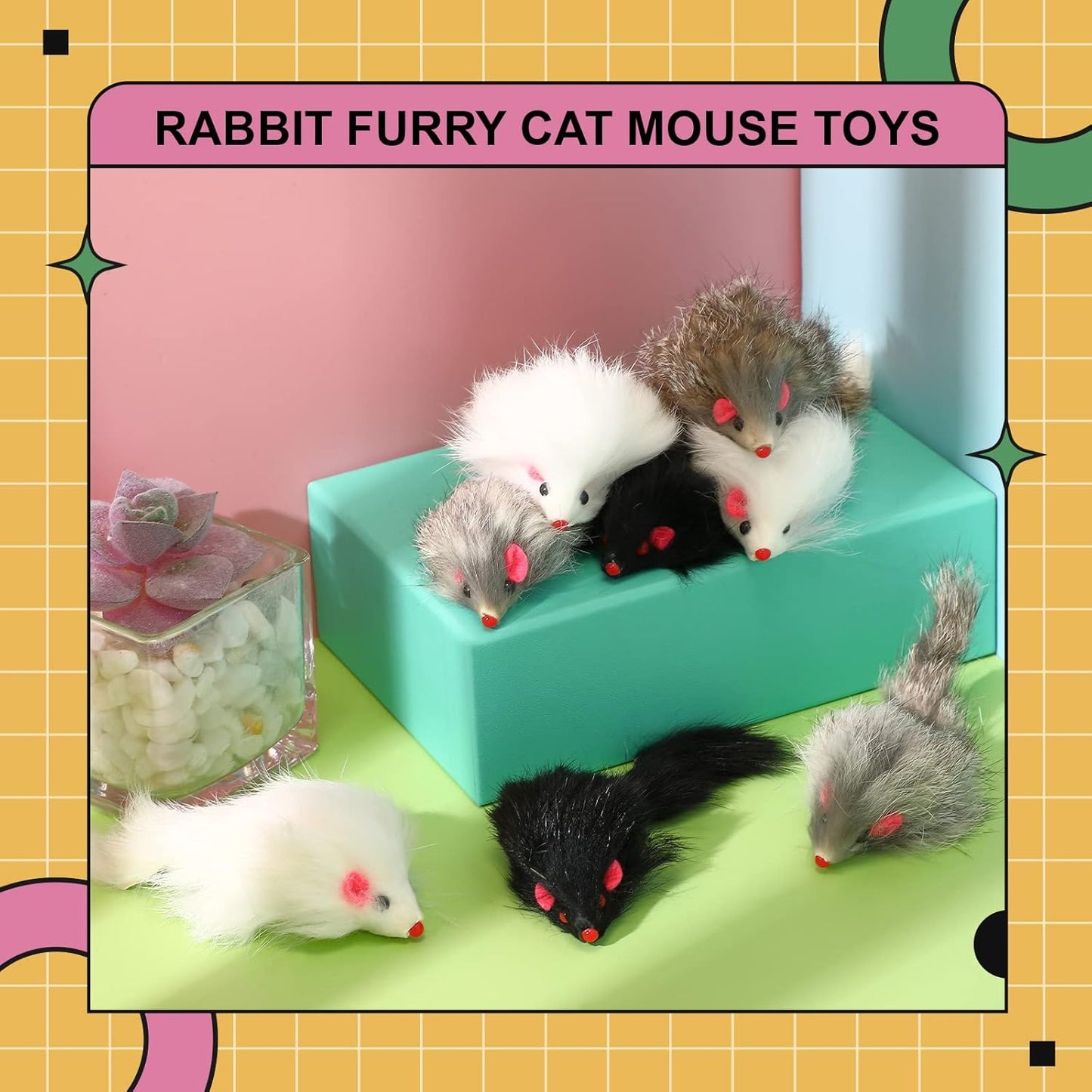Hungdao 60 Pcs Furry Mice Interactive Catch Play Rabbit Fur Mouse Cat Toy Rattle Sound Rat Plush for PET Cats and Kittens, 3 Colors(White, Black, Gray)