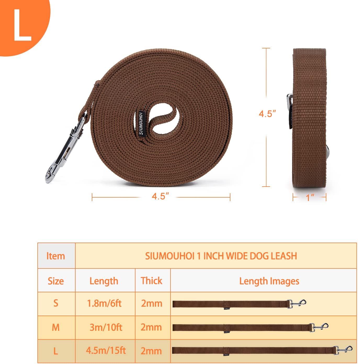 Strong Durable Nylon Dog Training Leash, 1 Inch Wide Traction Rope, 6 ft 10ft 15ft Long, for Small and Medium Dog (Brown, 15 Feet)