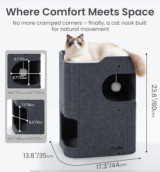 Made4Pets Cat House for Indoor Use, 2-Storey Cube Bed Cave, Covered Hideaway Condo with Scratch-Resistant Felt, Foldable Easy-to-Clean Design for Multi-Cat Homes, Dark Grey