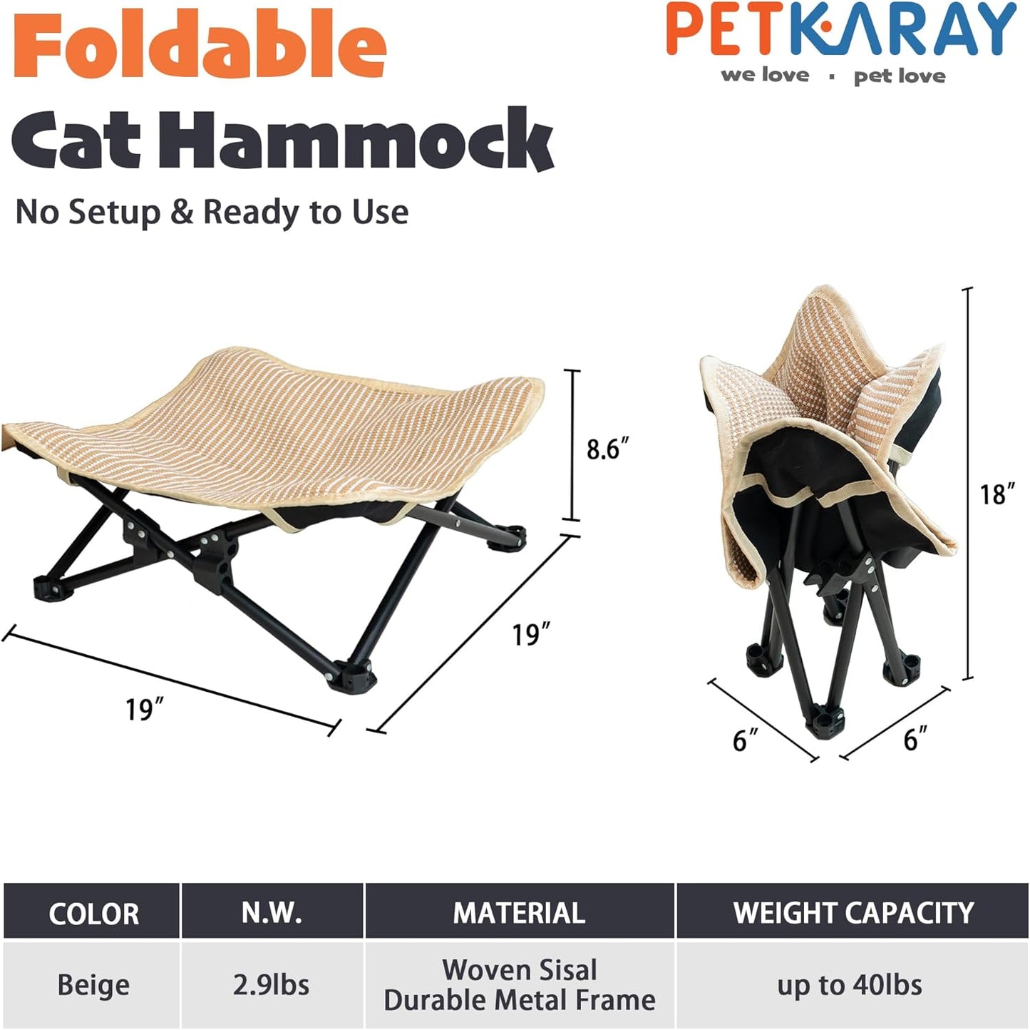 PETKARAY Foldable Sisal Cat Scratcher Bed, Sisal Scratching Pad with Raised Metal Frame, Elevated Cat Hammock Chair for Indoor Cats