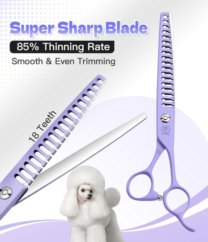 Fenice Peak 7" Professional Dog Grooming Scissors Set, Japanese 440C Stainless Steel Straight Thinning Curved Chunker Shears for Pet Grooming, Trimming Face, Paws, Violet