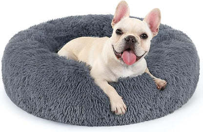 rabbitgoo Dog Bed for Small, 24 inches Machine Washable, Fluffy Donut Pet Bed Anti-Slip, Calming Soft Plush Round Cushion, Fits up to 18 lbs Pets, Dark Grey
