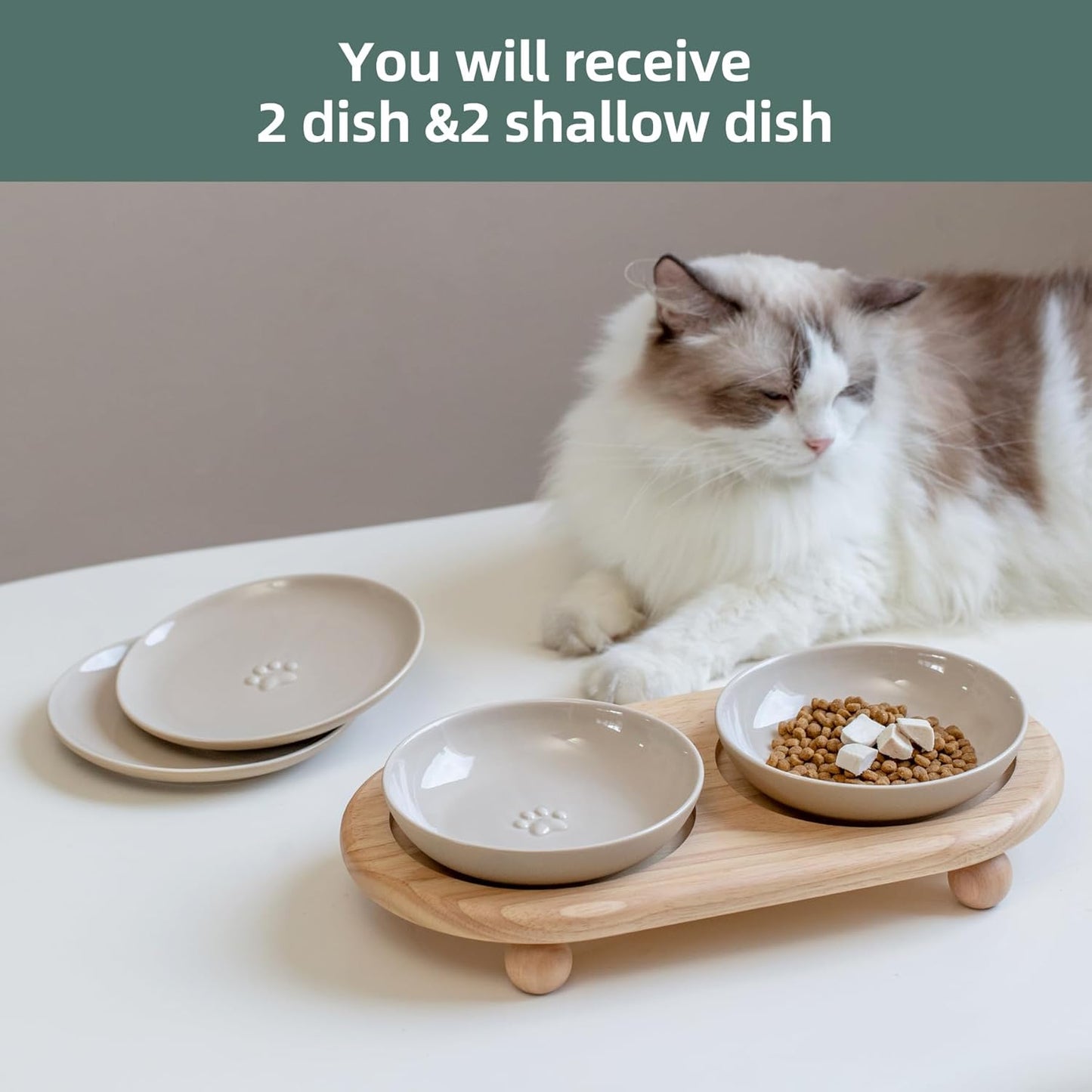 Raised Ceramic Wide Whisker Friendly Cat Dishes, Food& Water Bowl with 2 Style Stand Adjustable Pet Bowl Set, Anti Whisker Fatigue(2Dish+2Shallow Dish+Stand