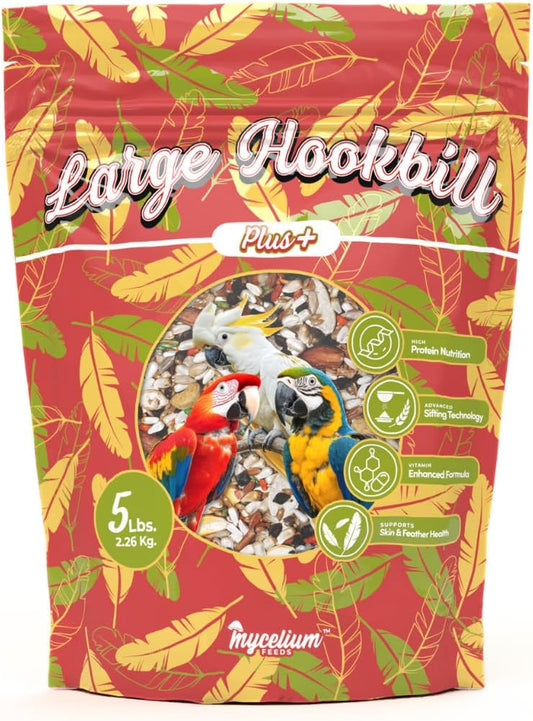 Mycelium Organic Large Hookbill Plus Bird Food (5 LB Bag) | Premium Daily Bird Seed for Macaws, Cockatoos, & Amazons | High-Protein, Vitamin-Fortified Skin & Feather Support | Non-GMO & USA-Made