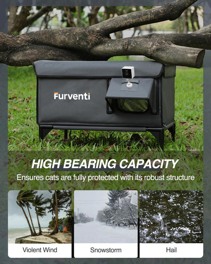 Heated Cat House for Outside,Dual Camera Mounts,100% Weatherproof & Extremely Insulated,Elevated Feral Cat Shelter with Escape Door,Waterproof Eaves for Outdoor Stray Barn Cat(Dark Grey, L with Cam)