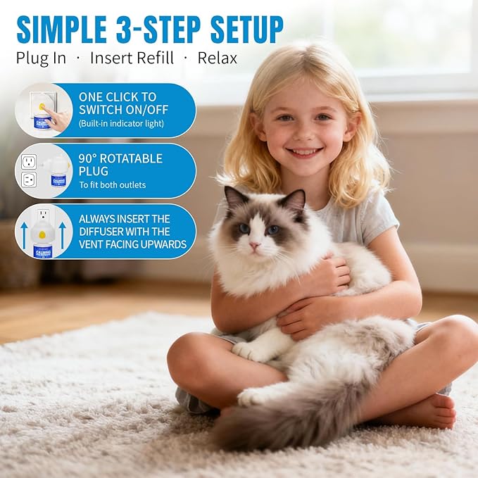 Cat Calming Pheromone Diffuser - Stops Urine Marking & Scratching, Reduce Fighting Spraying Cat Calming Diffuser, Drug-Free Formula for Anxious Cats, 1 Diffuser + 2 Refills Last 60 Days