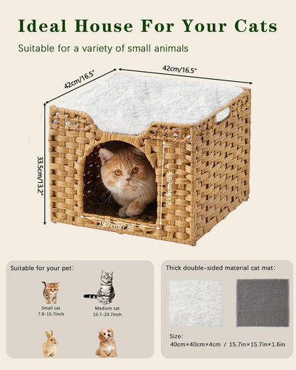 Cat Beds Indoor Kitten House, Handwoven Rattan Cat Cave Pet Cube, Large Cat Houses, One Bed Mat, Foldable, Hideaway, 16.5x16.5x13.2 Inches, 2 S-Shaped Hooks in Living Room Bedroom Natural
