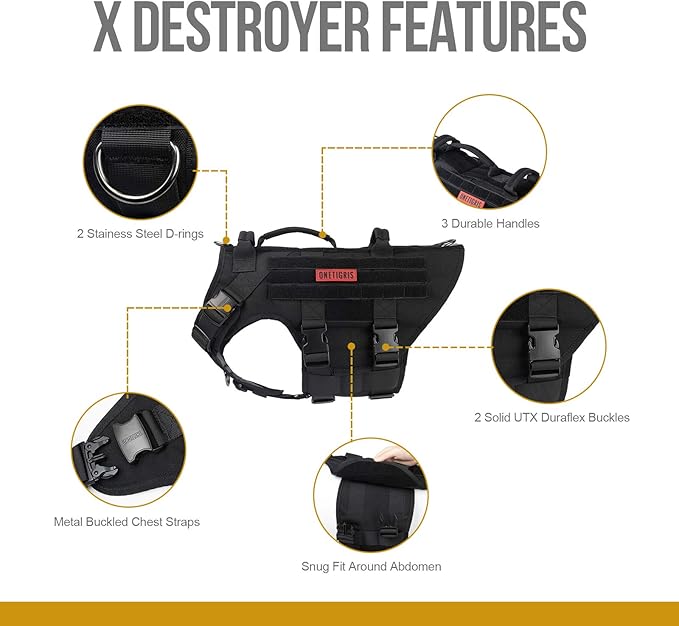 OneTigris Large Tactical Dog Harness, No Pulling Adjustable Dog Vest Harness, Heavy Duty Dog Harness with Handle, Large Hook and Loop Panels for Patch Black