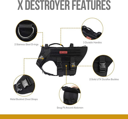 OneTigris Large Tactical Dog Harness, No Pulling Adjustable Dog Vest Harness, Heavy Duty Dog Harness with Handle, Large Hook and Loop Panels for Patch Black