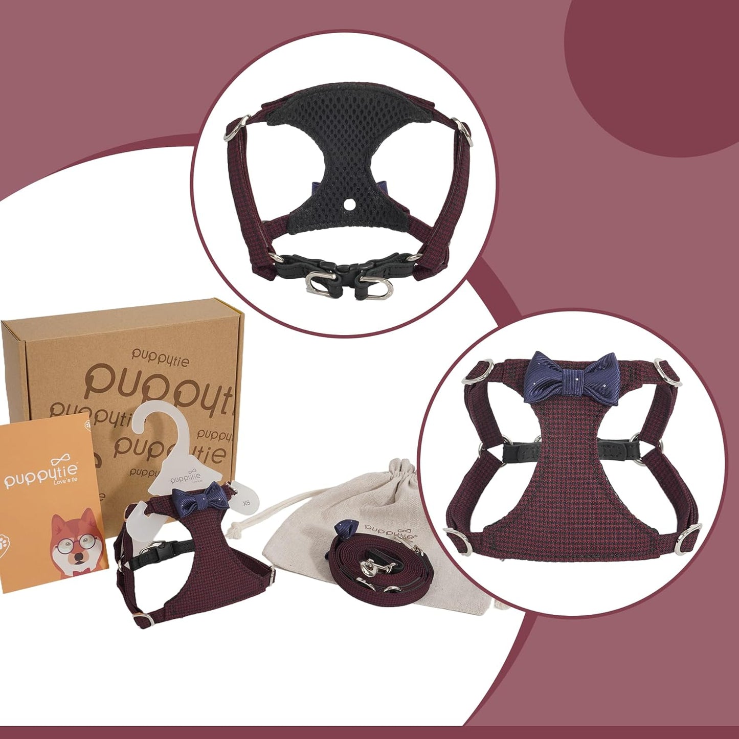 Puppytie No Pull Dog Harness with Multifunction Dog Leash,Soft Adjustable No Choke Escape Proof Pet Harness Vest for Medium Dogs,Plaid deep red,M